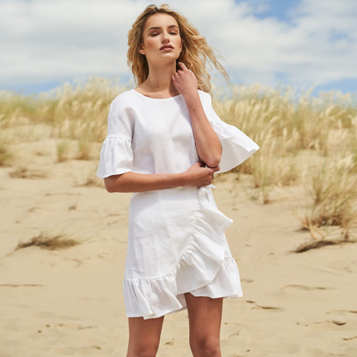 Custom Linen Wrap Ruffle Sleeve Mini Dress Manufacturer | Linenwind