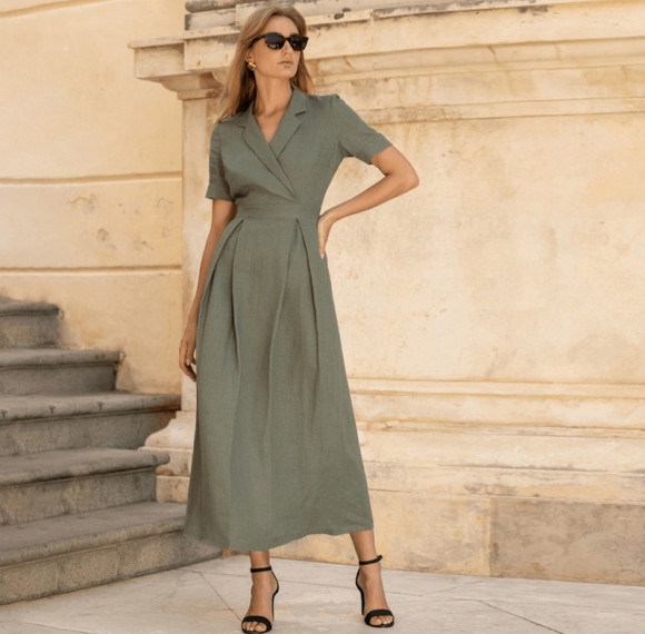 Custom Linen Short Sleeve Waist Dress Manufacturer | Linenwind