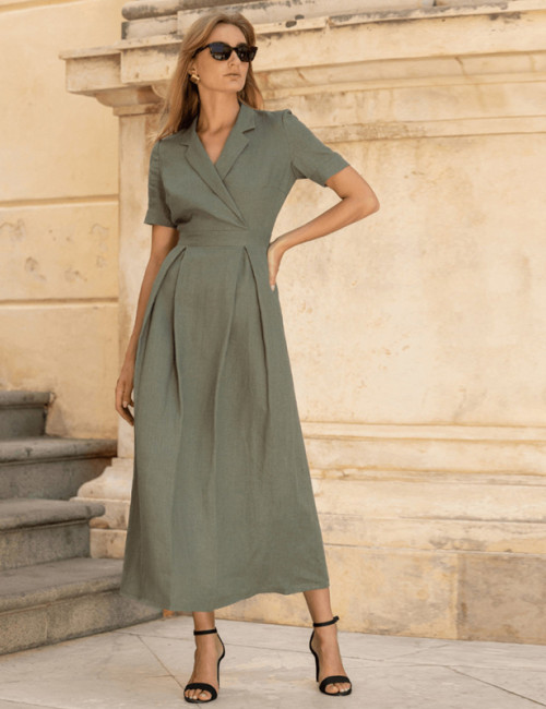 Custom Linen Short Sleeve Waist Dress Manufacturer | Linenwind