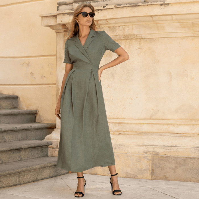 Custom Linen Short Sleeve Waist Dress Manufacturer | Linenwind