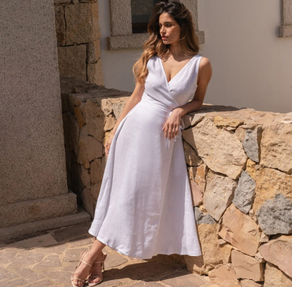 Customized linen sleeveless V-neck wrap dress Manufacturer | Linenwind