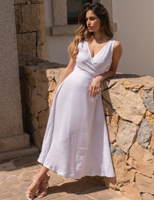 Customized linen sleeveless V-neck wrap dress Manufacturer | Linenwind
