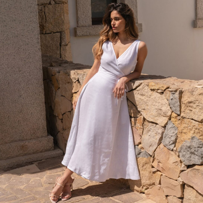 Customized linen sleeveless V-neck wrap dress Manufacturer | Linenwind
