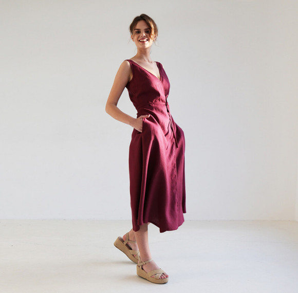 Custom Burgundy Linen V Neck Sleeveless Dress Manufacturer | Linenwind