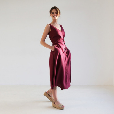 Custom Burgundy Linen V Neck Sleeveless Dress Manufacturer | Linenwind