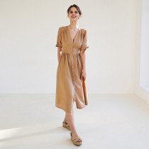 Custom V Neck Puff Sleeve Linen Dress Manufacturer | Linenwind