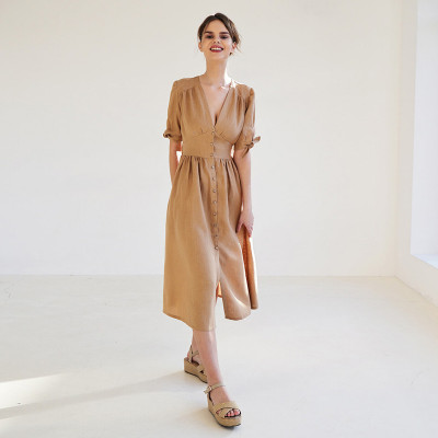 Custom V Neck Puff Sleeve Linen Dress Manufacturer | Linenwind