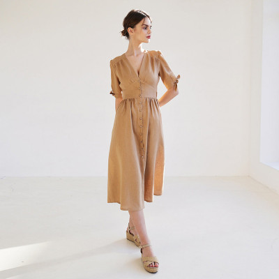 Custom Linen V Neck Puff Sleeve Dress Manufacturer | Linenwind