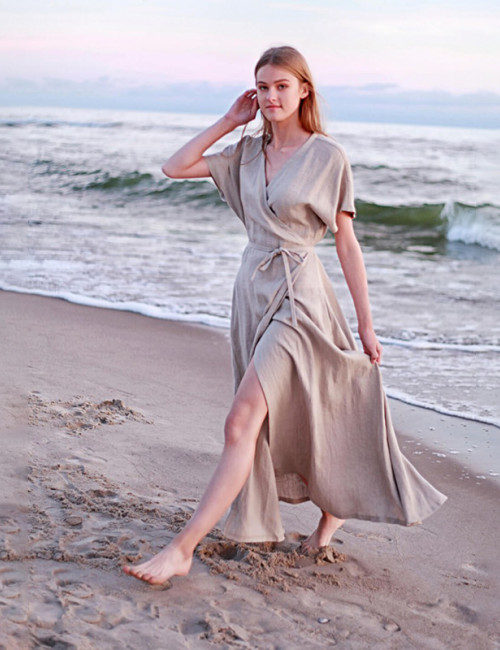 Customized linen V-neck slit lace-up maxi dress Manufacturer | Linenwind