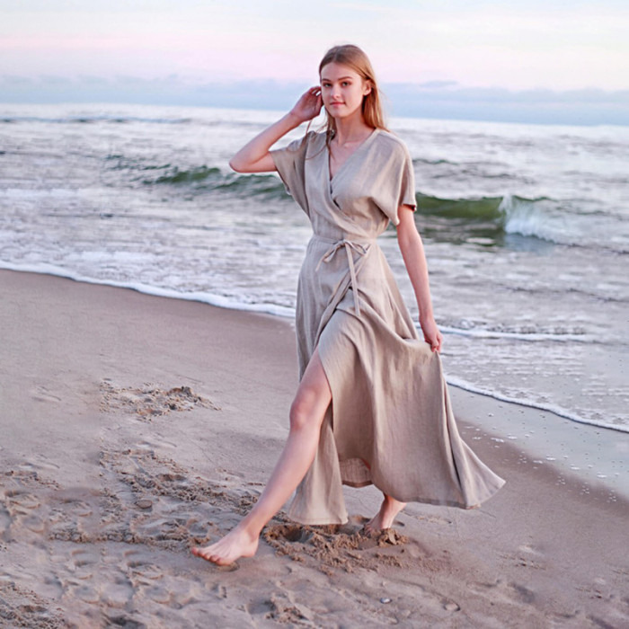 Customized linen V-neck slit lace-up maxi dress Manufacturer | Linenwind