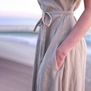 Customized linen V-neck slit lace-up maxi dress Manufacturer | Linenwind