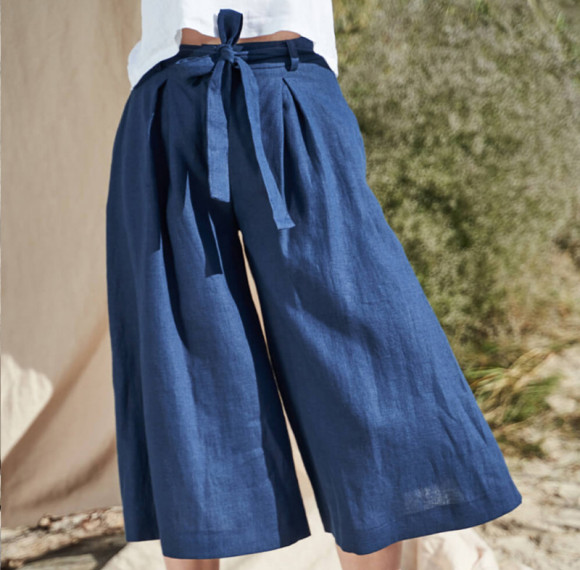 Custom Linen 3/4 Wide Leg Pants High Waist Tie Manufacturer | Linenwind