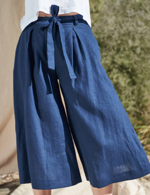 Custom Linen 3/4 Wide Leg Pants High Waist Tie Manufacturer | Linenwind