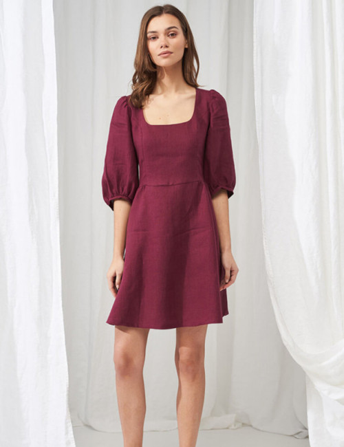 Custom Linen Square Neck Puff Sleeve Mini Skirt Manufacturer | Linenwind