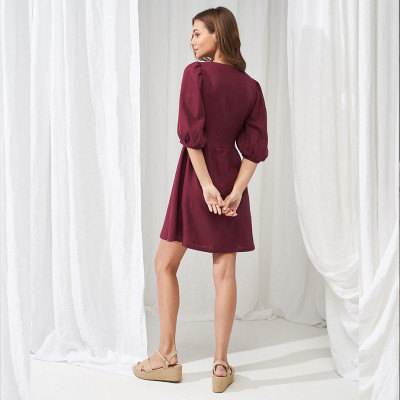 Custom Square Neck Puff Sleeve Linen Mini Dress Manufacturer | Linenwind