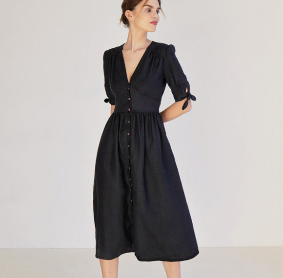 Custom Linen Dress V Neck Puff Sleeves Manufacturer | Linenwind