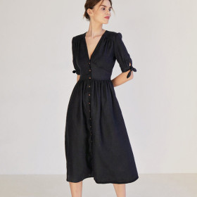 Custom V Neck Puff Sleeve Linen Dress Manufacturer | Linenwind