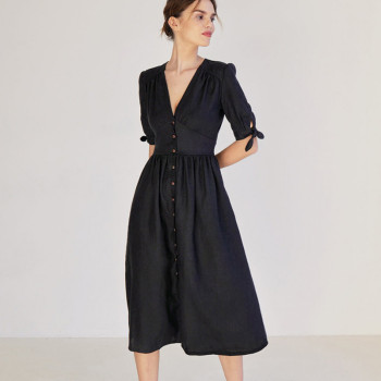 Custom Linen Dress V Neck Puff Sleeves Manufacturer | Linenwind
