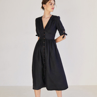 Custom Linen Dress V Neck Puff Sleeves Manufacturer | Linenwind