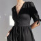 Custom Linen Dress V Neck Puff Sleeves Manufacturer | Linenwind