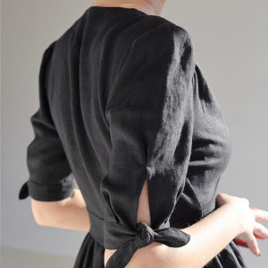 Custom Linen Dress V Neck Puff Sleeves Manufacturer | Linenwind
