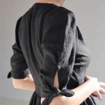 Custom V Neck Puff Sleeve Linen Dress Manufacturer | Linenwind