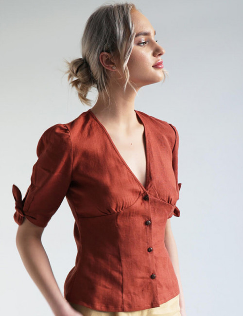 Custom Linen V Neck Short Sleeve Shirt Manufacturer | Linenwind