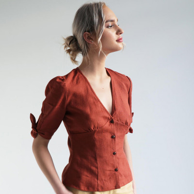 Custom Linen V Neck Short Sleeve Shirt Manufacturer | Linenwind