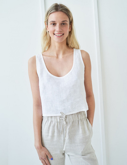 Beige Linen Crop Tank Top – Minimalist Summer Essential