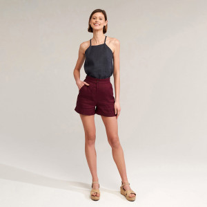 Custom Burgundy Linen High Waist Casual Shorts Manufacturer | Linenwind
