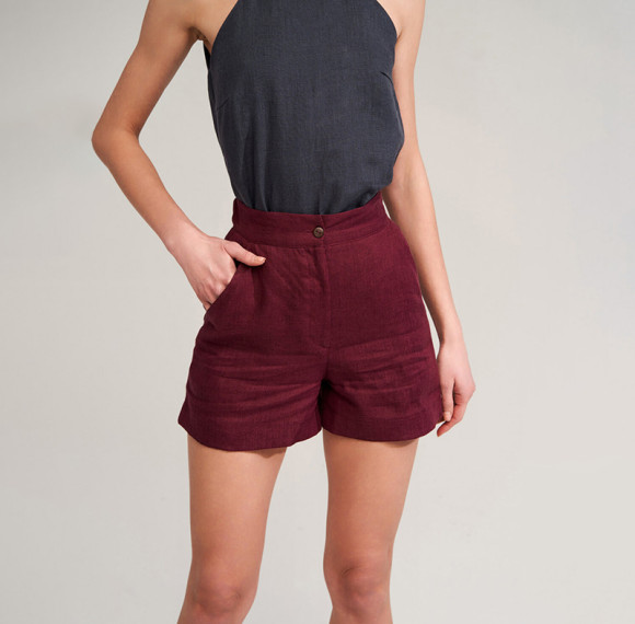 Custom Burgundy Linen High Waist Casual Shorts Manufacturer | Linenwind