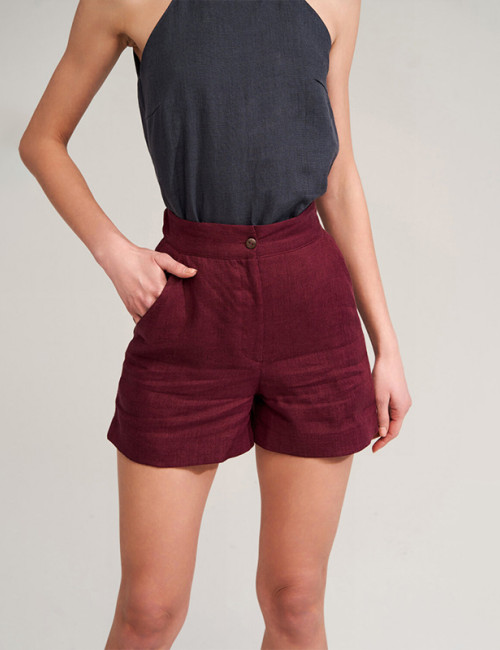Custom Burgundy Linen High Waist Casual Shorts Manufacturer | Linenwind