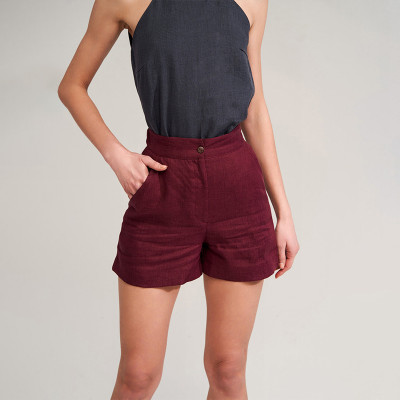 Custom Burgundy Linen High Waist Casual Shorts Manufacturer | Linenwind