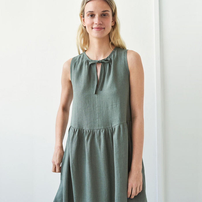 Green Sleeveless Linen Midi Dress with Pockets – Effortless Everyday Comfort