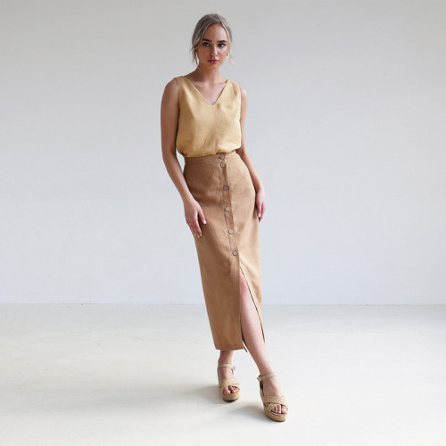 Custom Linen A-Line Button Front Slit Skirt Manufacturer | Linenwind