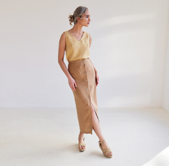 Custom Linen A-Line Button Front Slit Skirt Manufacturer | Linenwind