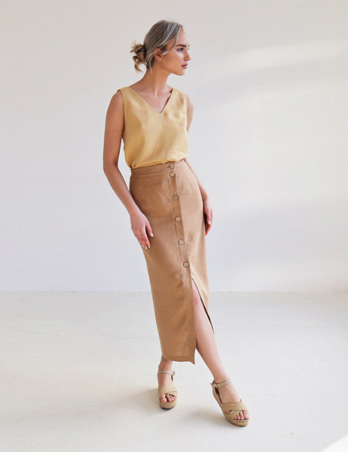 Custom Linen A-Line Button Front Slit Skirt Manufacturer | Linenwind