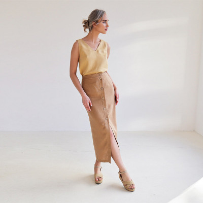 Custom Linen A-Line Button Front Slit Skirt Manufacturer | Linenwind