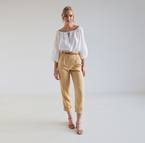 White Linen Tie-Neck Puff Sleeve Blouse – Effortless Summer Elegance