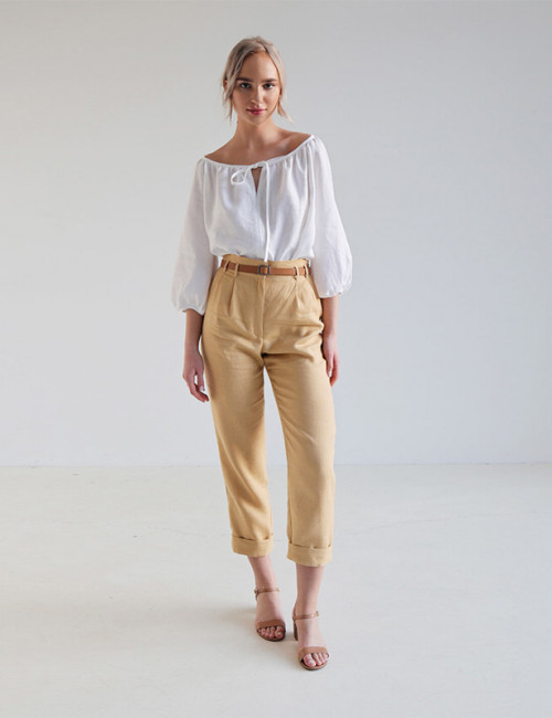 White Linen Tie-Neck Puff Sleeve Blouse – Effortless Summer Elegance