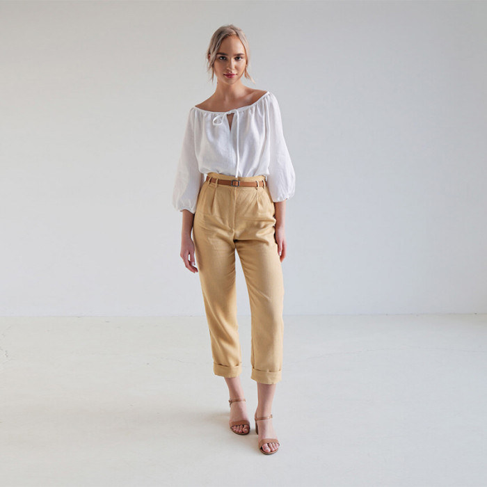 White Linen Tie-Neck Puff Sleeve Blouse – Effortless Summer Elegance