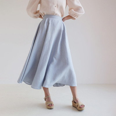 Custom Elegant Light Blue High Waist Linen Skirt Manufacturer | Linenwind