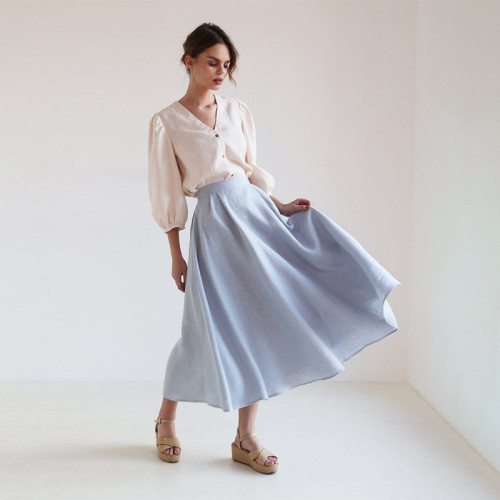 Custom Elegant Light Blue Linen High Waist Skirt Manufacturer | Linenwind