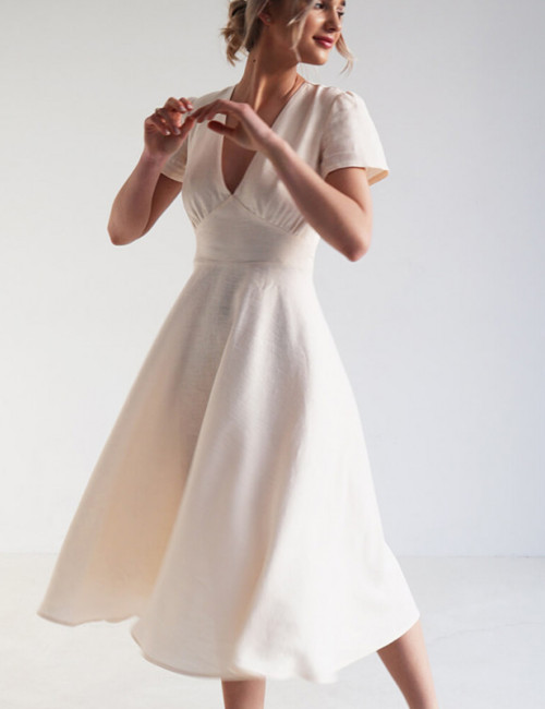Custom V Neck High Waist Midi Linen Dress Manufacturer | Linenwind