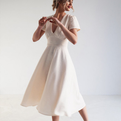Custom V Neck Linen high waist Midi Dress Manufacturer | Linenwind