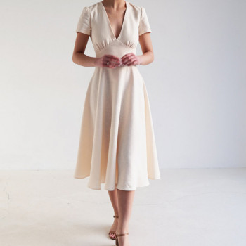 Custom V Neck High Waist Midi Linen Dress Manufacturer | Linenwind