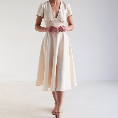 Custom V Neck High Waist Midi Linen Dress Manufacturer | Linenwind