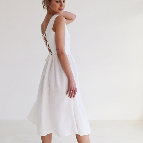 Custom Backless Cross Strap Linen Midi Dress Manufacturer | Linenwind
