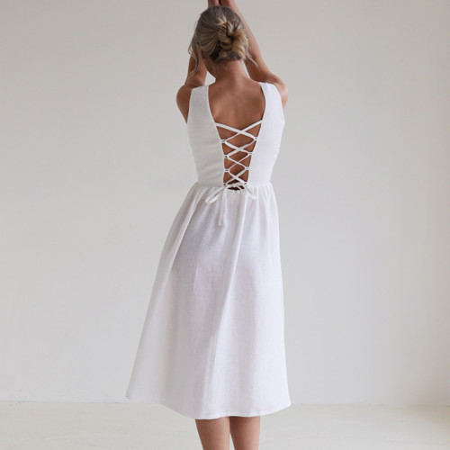 Custom Backless Cross Strap Linen Midi Dress Manufacturer | Linenwind