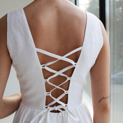 Custom Backless Cross Strap Midi Linen Dress Manufacturer | Linenwind